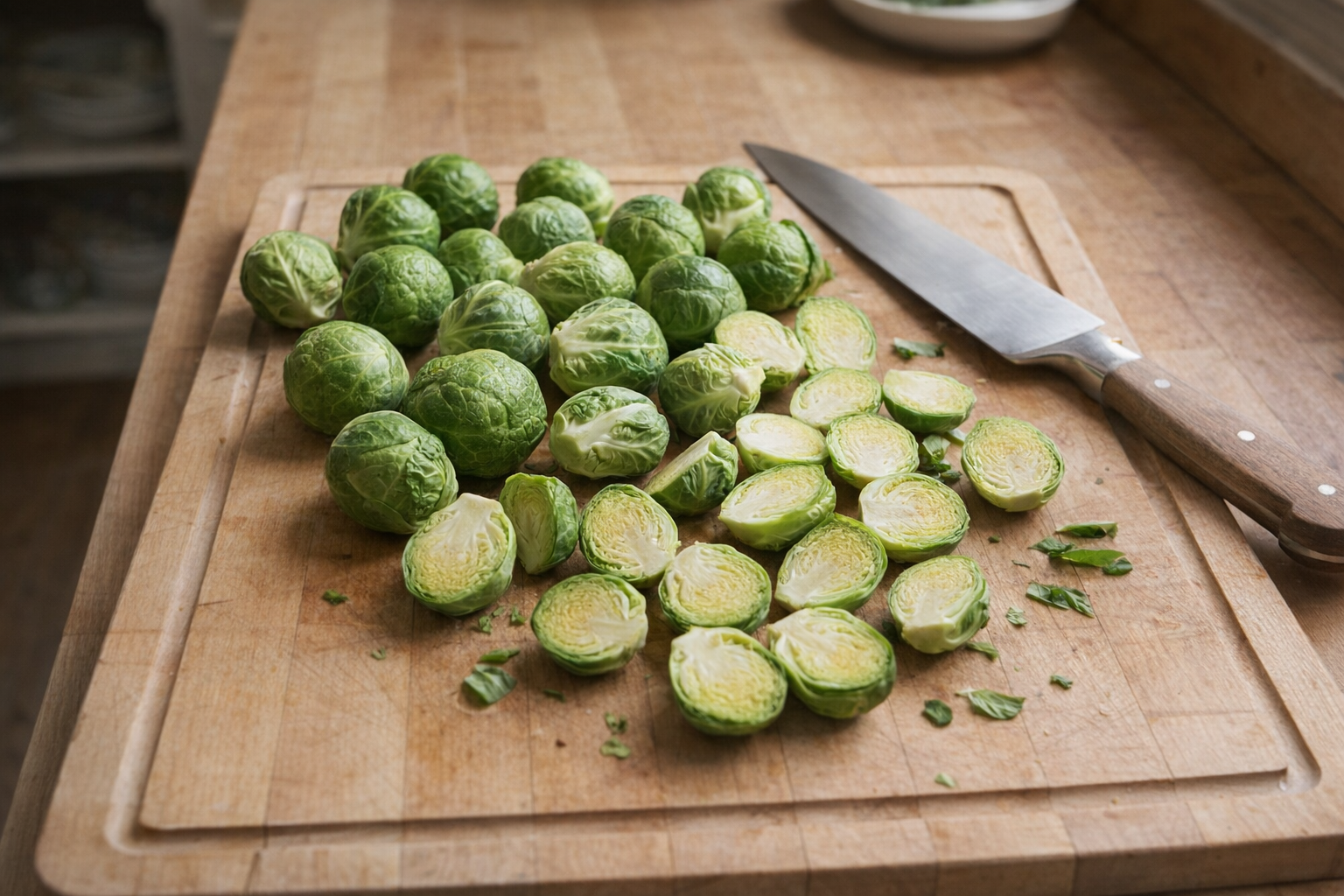 A top-down shot of raw Brussels sprouts on a wooden cutting board, some whole, some halved, knife beside them, clean and organized preparation